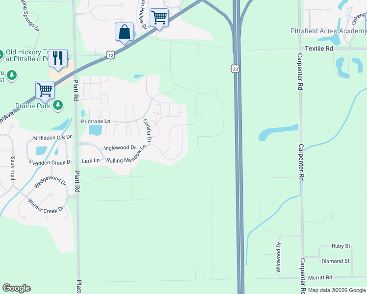 map of restaurants, bars, coffee shops, grocery stores, and more near 4320 Rolling Meadow Lane in Ypsilanti