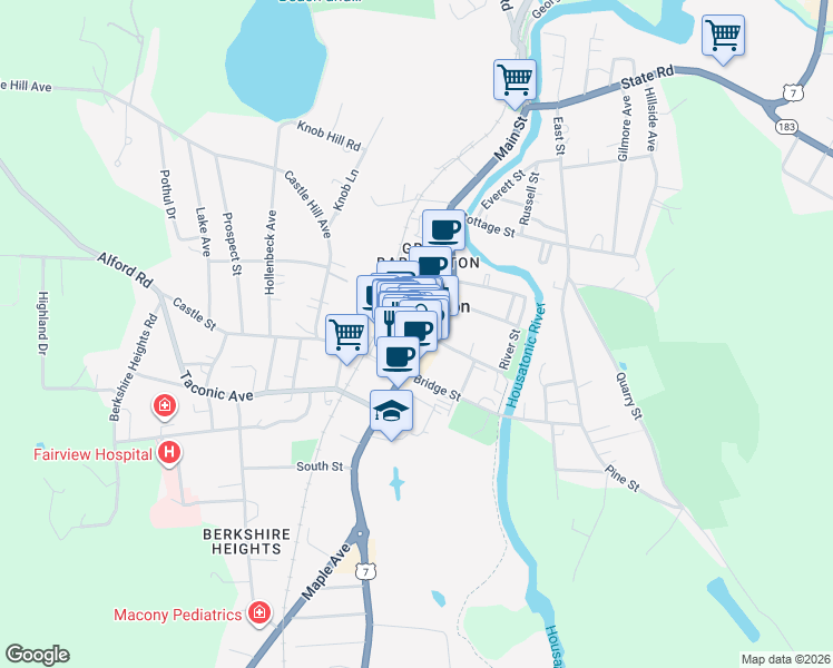map of restaurants, bars, coffee shops, grocery stores, and more near 274 1/2 Main Street in Great Barrington