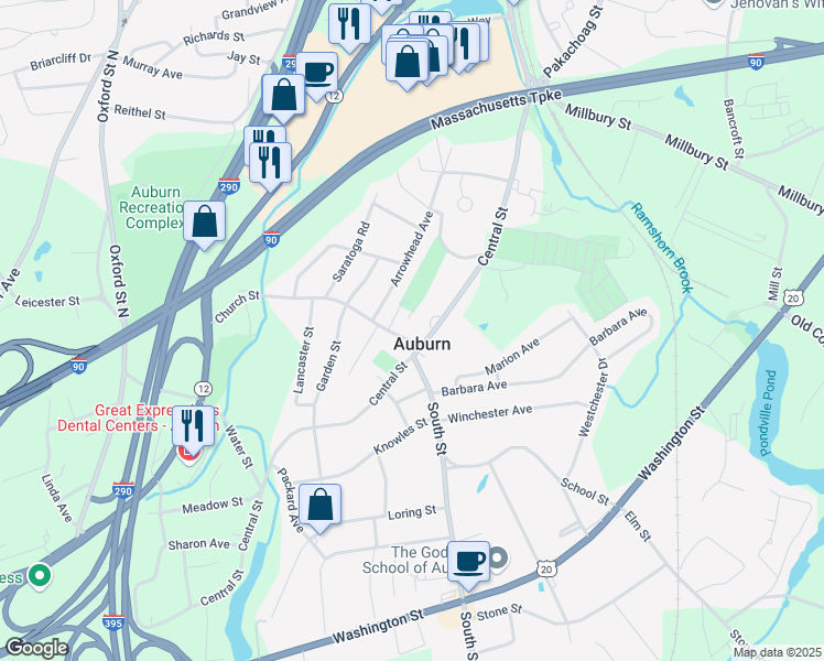 map of restaurants, bars, coffee shops, grocery stores, and more near 6 Church Street in Auburn