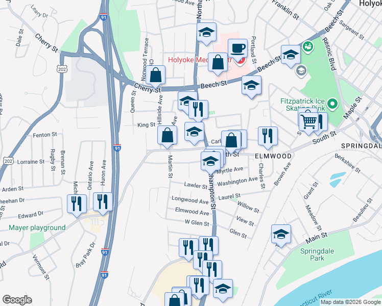 map of restaurants, bars, coffee shops, grocery stores, and more near 22 Westfield Rd in Holyoke