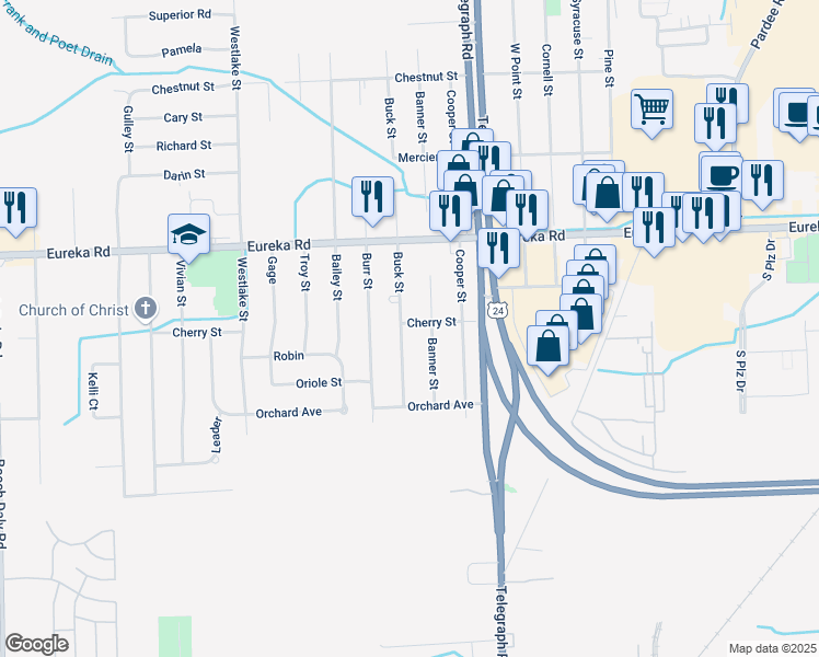 map of restaurants, bars, coffee shops, grocery stores, and more near 15315 Buck Street in Taylor