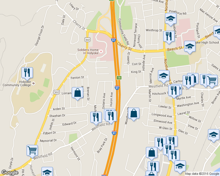 map of restaurants, bars, coffee shops, grocery stores, and more near 155 Huron Ave in Holyoke