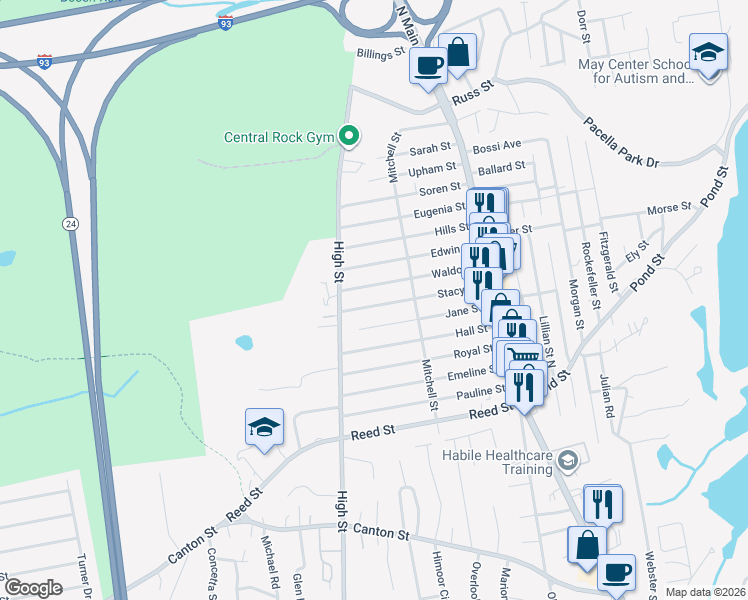 map of restaurants, bars, coffee shops, grocery stores, and more near 47 Stacy Street in Randolph