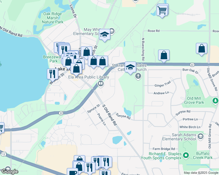 map of restaurants, bars, coffee shops, grocery stores, and more near 142 Potawatomi Trail in Lake Zurich