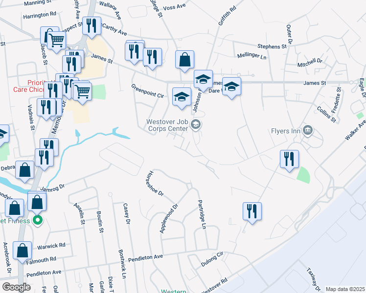 map of restaurants, bars, coffee shops, grocery stores, and more near 104 Johnson Road in Chicopee