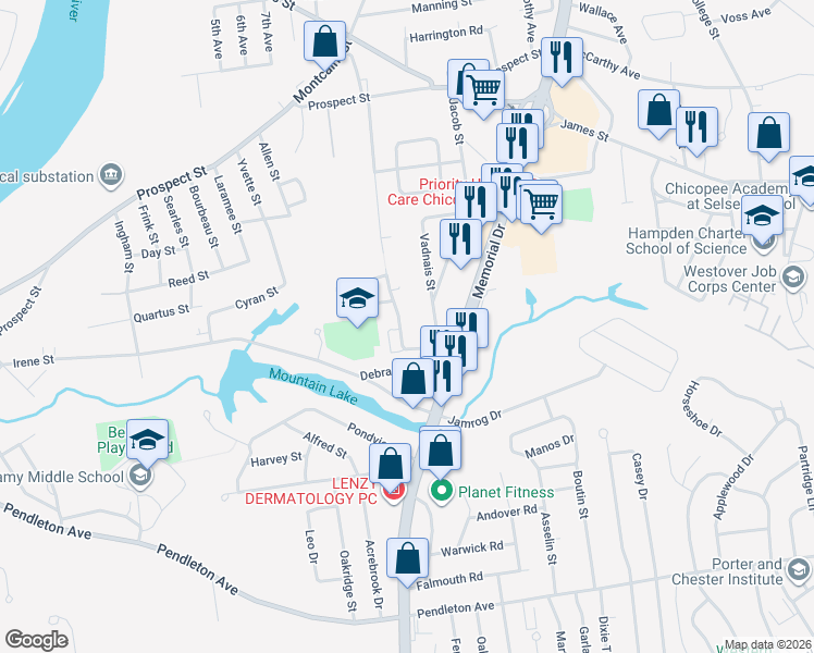 map of restaurants, bars, coffee shops, grocery stores, and more near 61 Streiber Drive in Chicopee