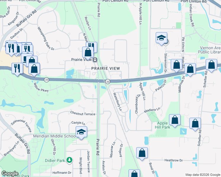 map of restaurants, bars, coffee shops, grocery stores, and more near 2553 Waterbury Lane in Buffalo Grove