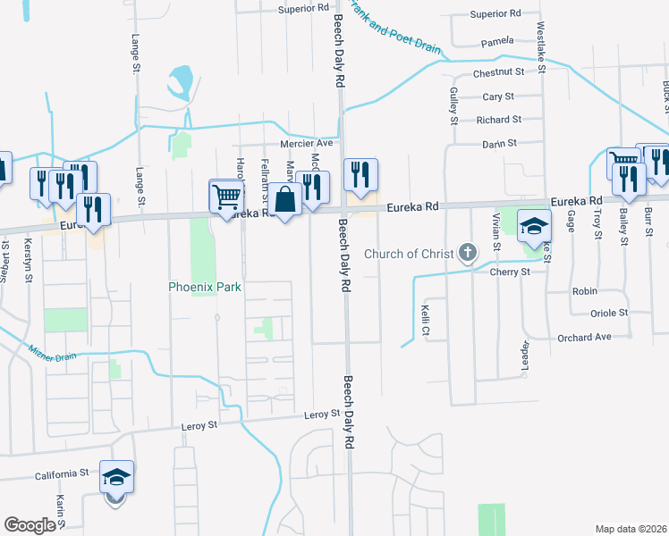 map of restaurants, bars, coffee shops, grocery stores, and more near 15226 Beech Daly Road in Taylor