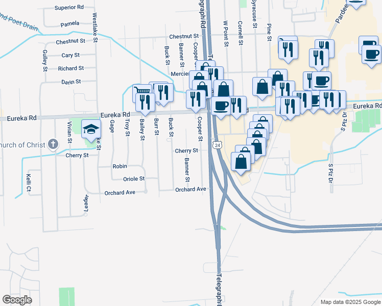 map of restaurants, bars, coffee shops, grocery stores, and more near 24245 Cherry Street in Taylor