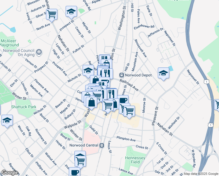 map of restaurants, bars, coffee shops, grocery stores, and more near 185 Central Street in Norwood