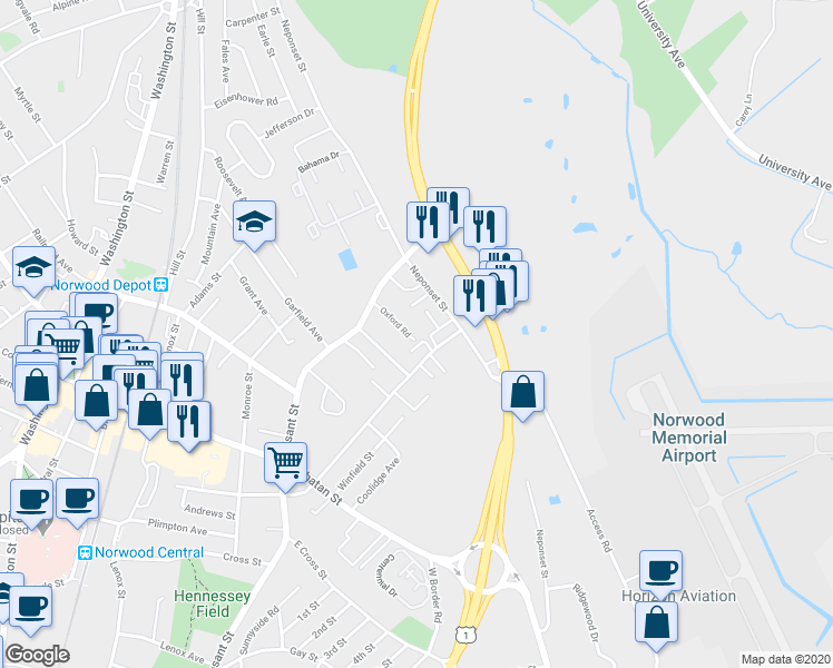 map of restaurants, bars, coffee shops, grocery stores, and more near 44-46 Oxford Road in Norwood