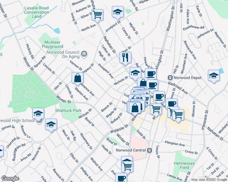 map of restaurants, bars, coffee shops, grocery stores, and more near 84 Cottage Street in Norwood