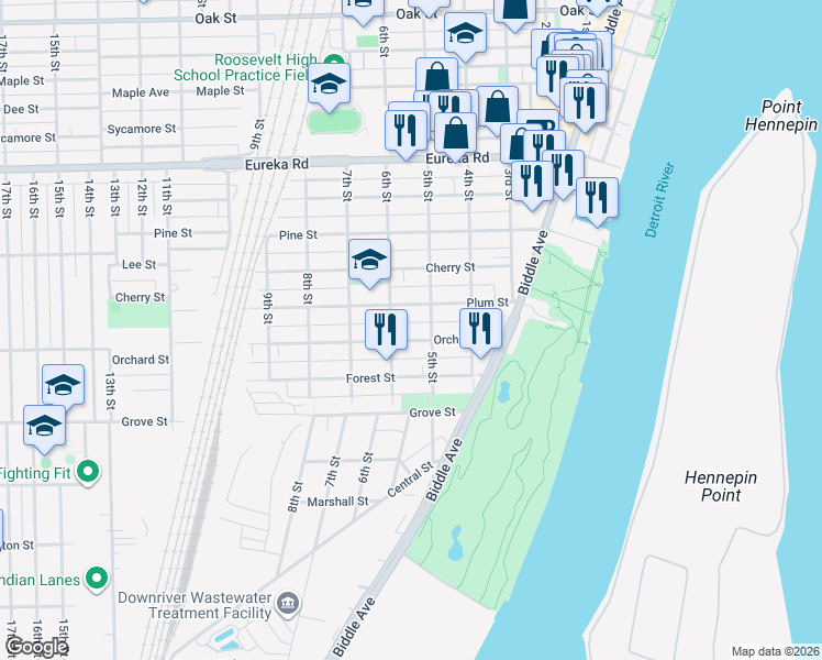 map of restaurants, bars, coffee shops, grocery stores, and more near 534 Orchard Street in Wyandotte