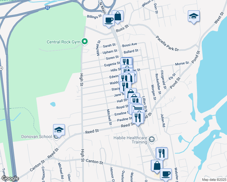 map of restaurants, bars, coffee shops, grocery stores, and more near 20 Stacy Street in Randolph