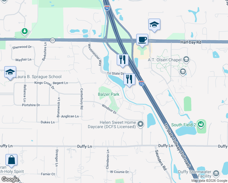 map of restaurants, bars, coffee shops, grocery stores, and more near 12 New Castle Lane in Lincolnshire