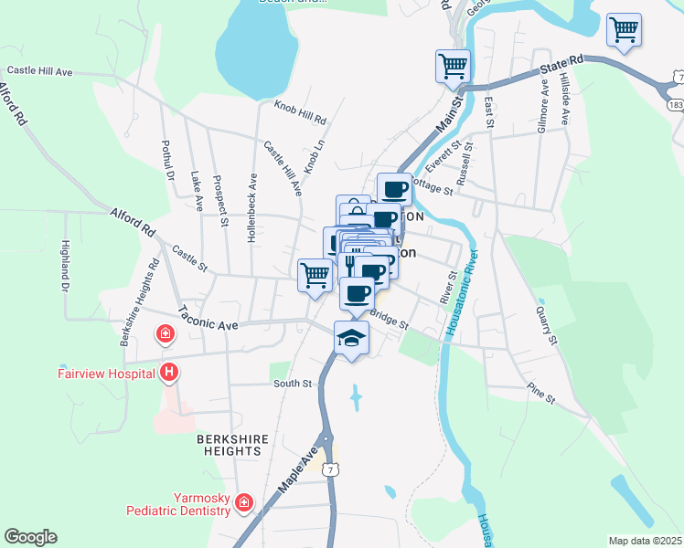 map of restaurants, bars, coffee shops, grocery stores, and more near 47 Railroad Street in Great Barrington