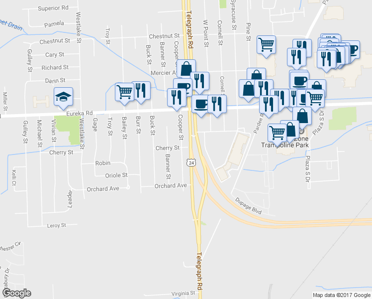 map of restaurants, bars, coffee shops, grocery stores, and more near 15319 Cooper Street in Taylor