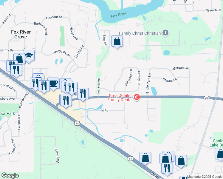 map of restaurants, bars, coffee shops, grocery stores, and more near 9259 Jasmine Way in Fox River Grove