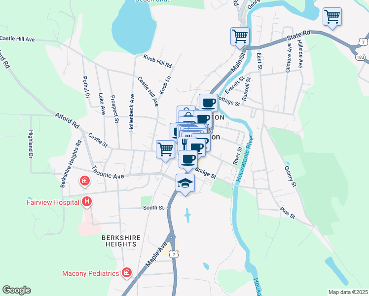 map of restaurants, bars, coffee shops, grocery stores, and more near 38 Railroad Street in Great Barrington
