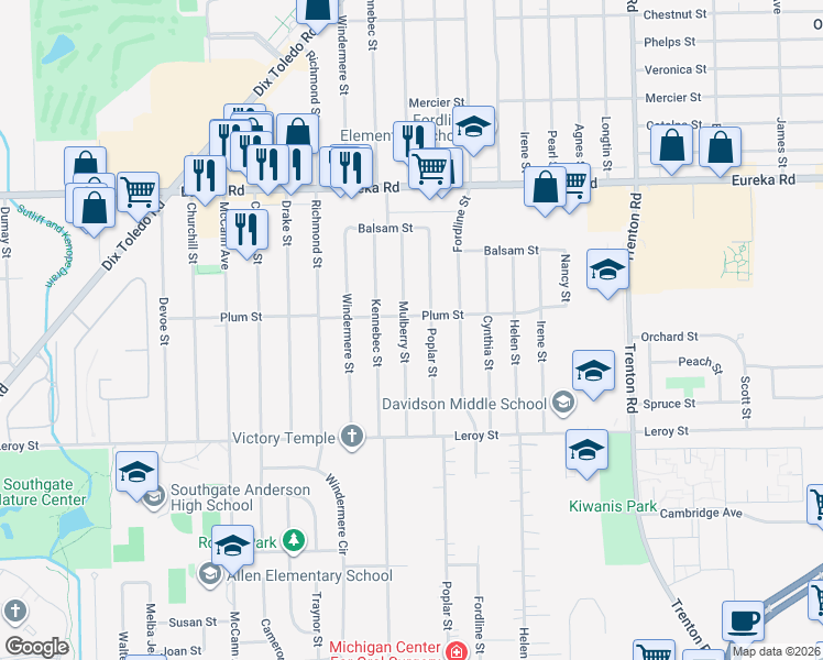 map of restaurants, bars, coffee shops, grocery stores, and more near 15435 Mulberry Street in Southgate