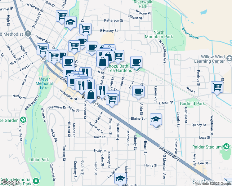 map of restaurants, bars, coffee shops, grocery stores, and more near 77 6th Street in Ashland