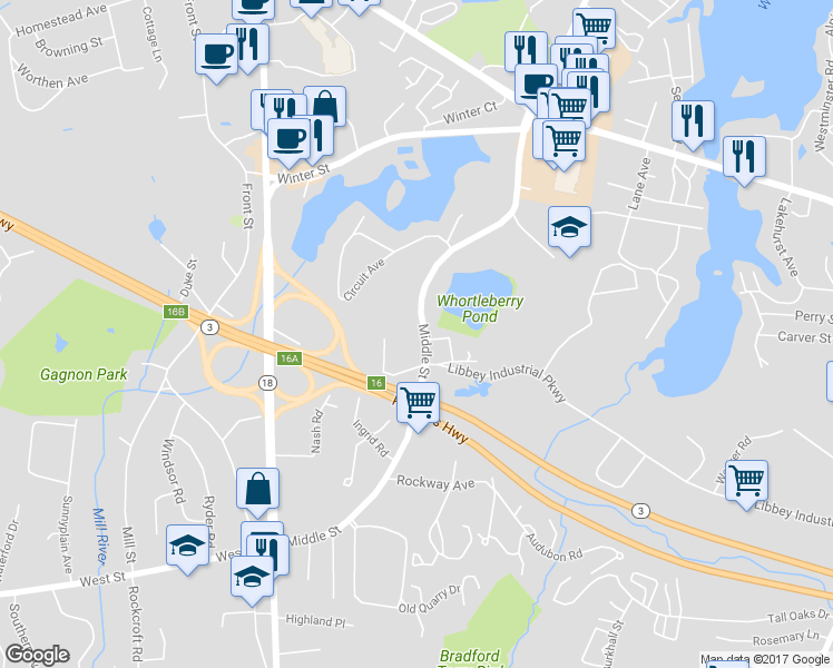 map of restaurants, bars, coffee shops, grocery stores, and more near 907 Middle St in Weymouth