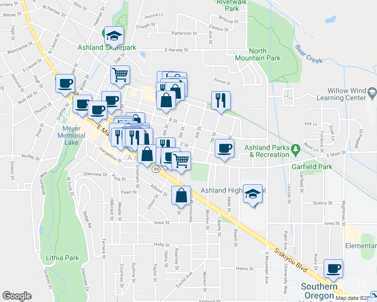 map of restaurants, bars, coffee shops, grocery stores, and more near 77 6th Street in Ashland
