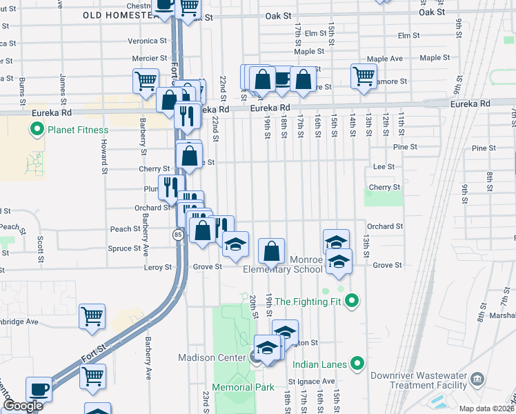 map of restaurants, bars, coffee shops, grocery stores, and more near 3650 19th Street in Wyandotte