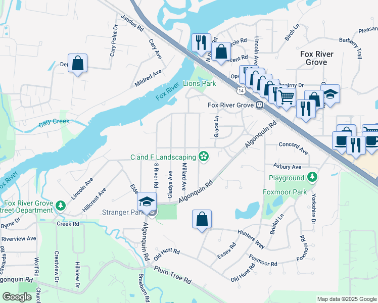 map of restaurants, bars, coffee shops, grocery stores, and more near 201 Millard Ave in Fox River Grove