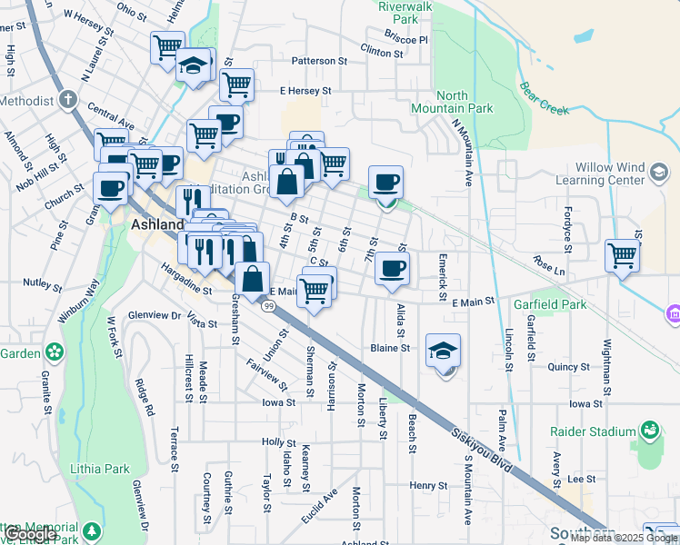 map of restaurants, bars, coffee shops, grocery stores, and more near 77 6th Street in Ashland