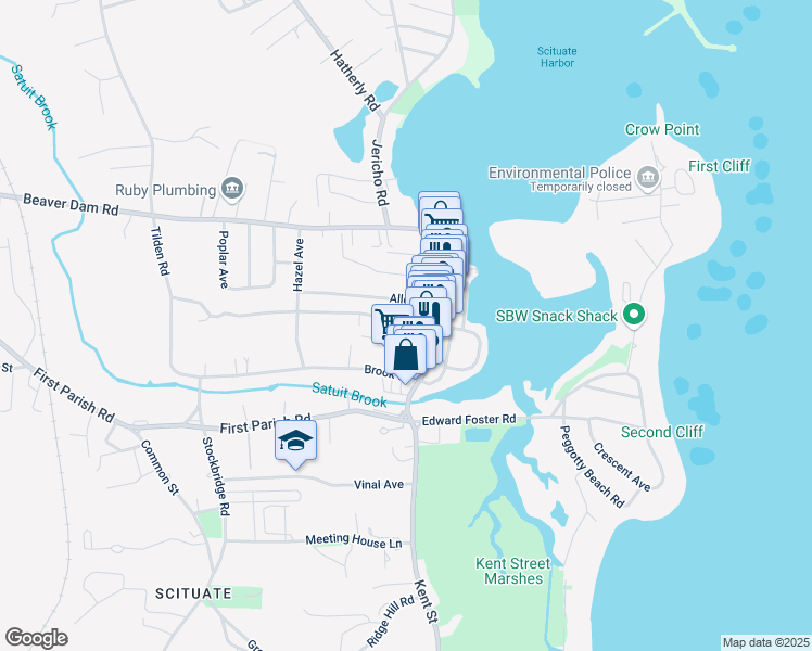 map of restaurants, bars, coffee shops, grocery stores, and more near 11 Otis Place in Scituate