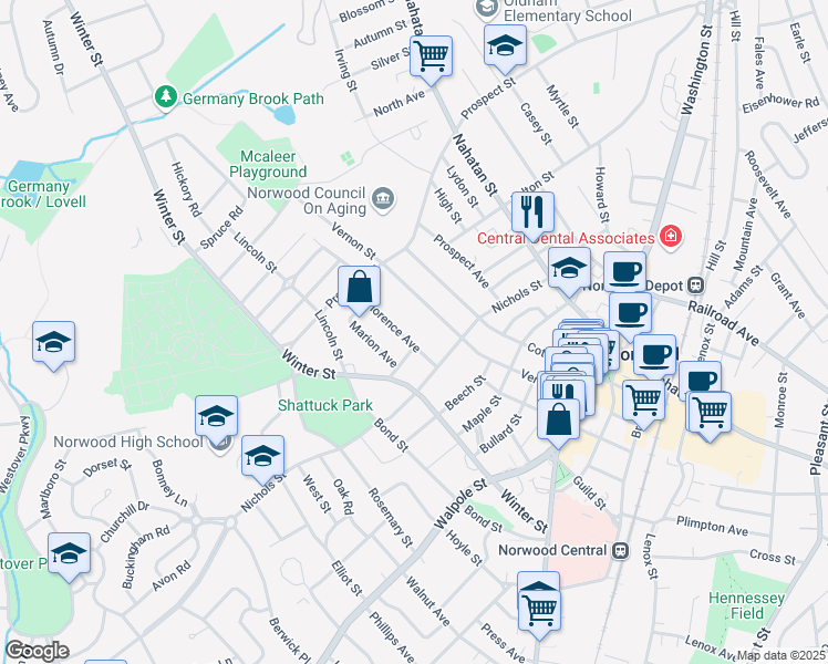 map of restaurants, bars, coffee shops, grocery stores, and more near 29 Florence Avenue in Norwood