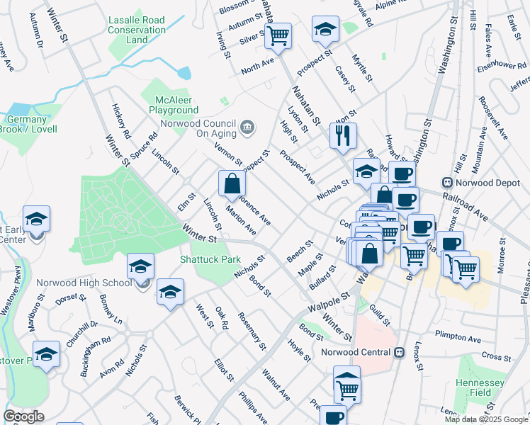 map of restaurants, bars, coffee shops, grocery stores, and more near 29 Florence Avenue in Norwood