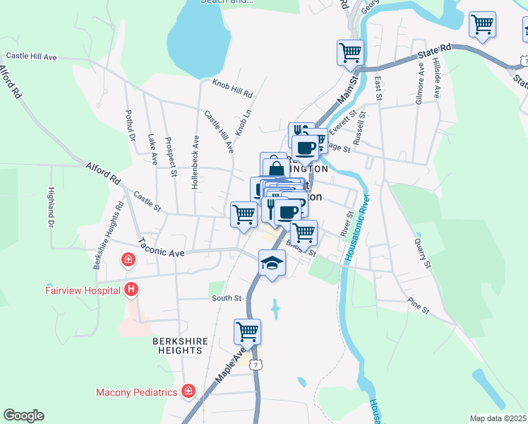 map of restaurants, bars, coffee shops, grocery stores, and more near 38 Railroad Street in Great Barrington