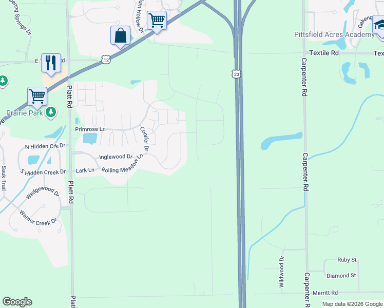 map of restaurants, bars, coffee shops, grocery stores, and more near 4320 Rolling Meadow Lane in Ypsilanti