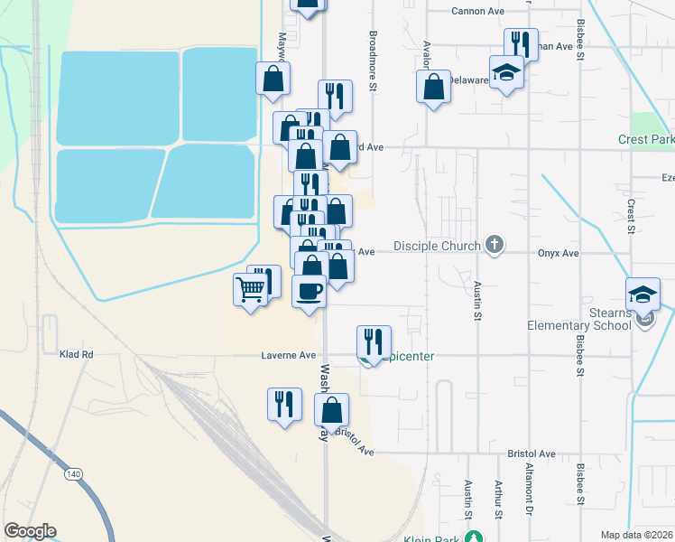 map of restaurants, bars, coffee shops, grocery stores, and more near 3427 Washburn Way in Klamath Falls