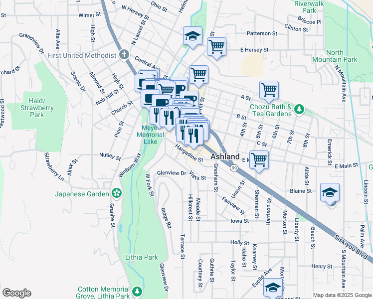 map of restaurants, bars, coffee shops, grocery stores, and more near 241 Hargadine Street in Ashland