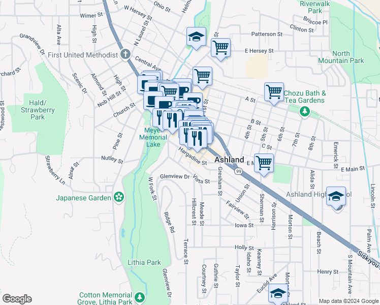 map of restaurants, bars, coffee shops, grocery stores, and more near 241 Hargadine Street in Ashland