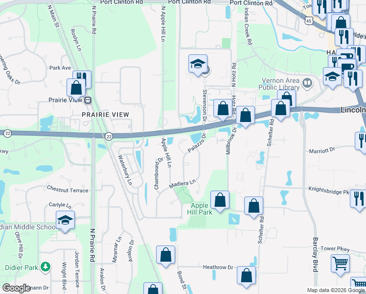 map of restaurants, bars, coffee shops, grocery stores, and more near 2446 Palazzo Court in Buffalo Grove