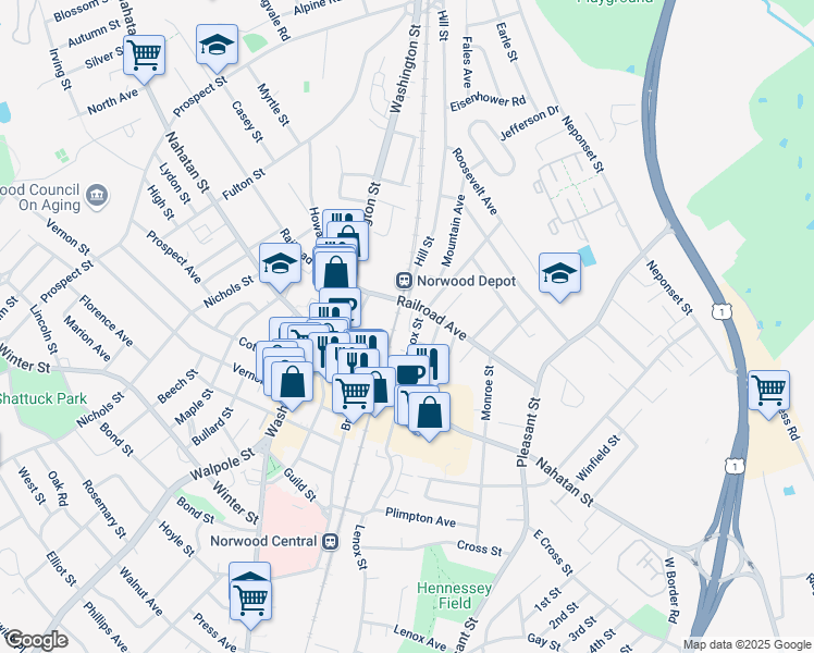 map of restaurants, bars, coffee shops, grocery stores, and more near 132 Railroad Avenue in Norwood
