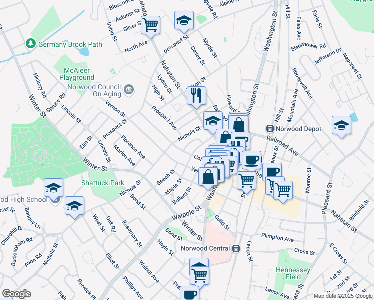map of restaurants, bars, coffee shops, grocery stores, and more near 41 Maple Street in Norwood