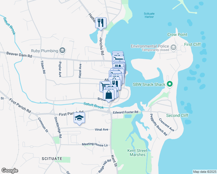 map of restaurants, bars, coffee shops, grocery stores, and more near 11 Otis Place in Scituate
