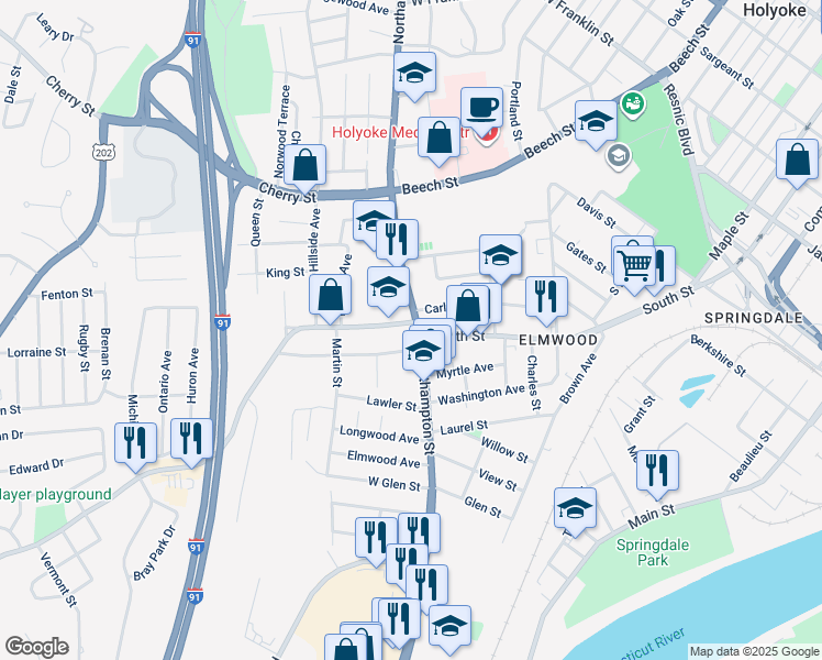 map of restaurants, bars, coffee shops, grocery stores, and more near 1967 Northampton Street in Holyoke