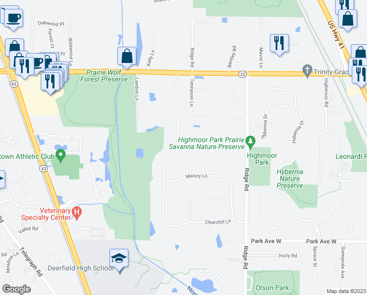 map of restaurants, bars, coffee shops, grocery stores, and more near 2333 Tennyson Lane in Highland Park