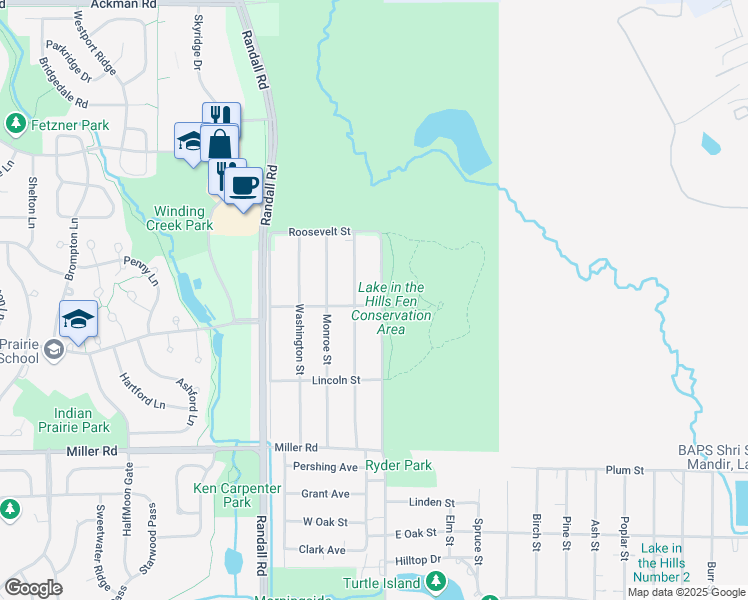 map of restaurants, bars, coffee shops, grocery stores, and more near 1501 Jefferson Street in Lake in the Hills