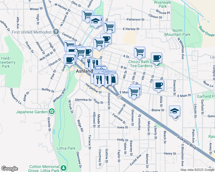 map of restaurants, bars, coffee shops, grocery stores, and more near 369 East Main Street in Ashland