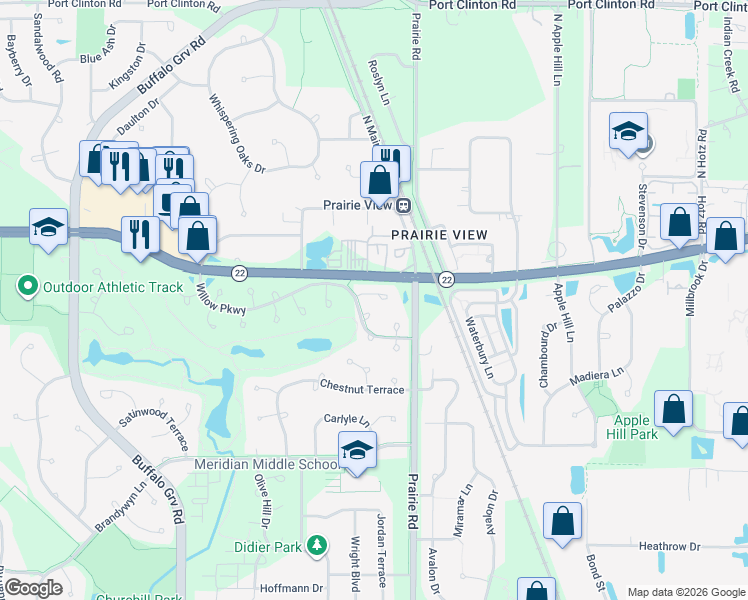 map of restaurants, bars, coffee shops, grocery stores, and more near 76 Willow Parkway in Buffalo Grove