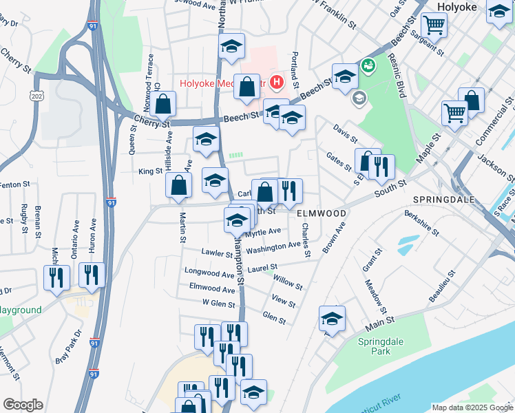 map of restaurants, bars, coffee shops, grocery stores, and more near 587 South Street in Holyoke