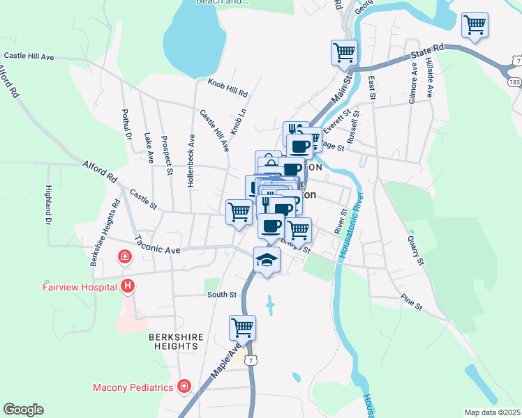 map of restaurants, bars, coffee shops, grocery stores, and more near 38 Railroad Street in Great Barrington