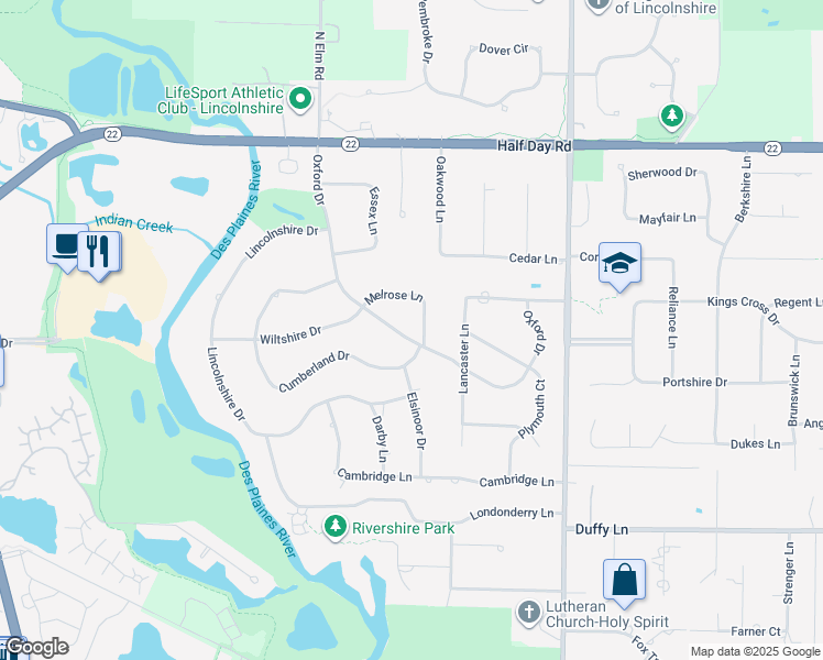map of restaurants, bars, coffee shops, grocery stores, and more near 26 Oxford Drive in Lincolnshire